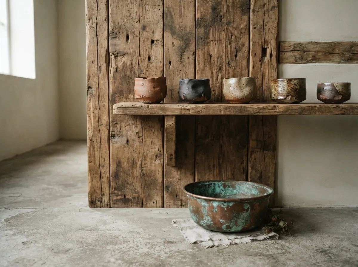 20. Wabi-Sabi Materials: Rustic Wood, Clay, and Aged Metal