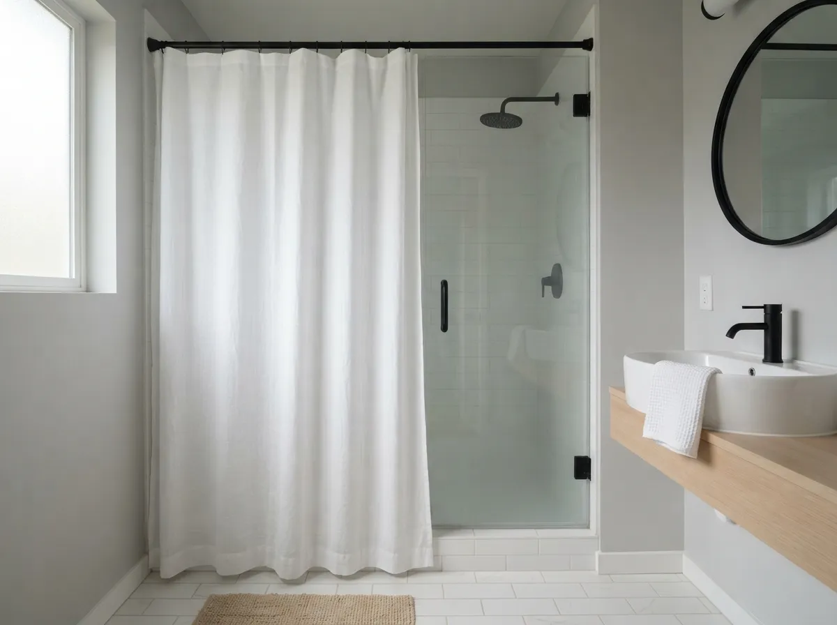 11. Use a White Linen Shower Curtain with a Weighted Hem
