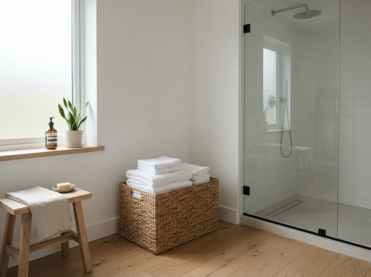 6. Place a Woven Basket for Towel Storage in a Dry Corner