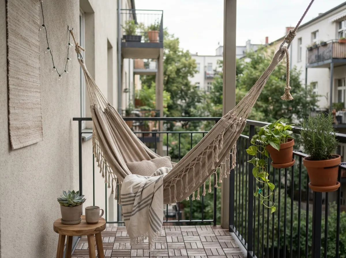 6. Hang a neutral-toned cotton hammock