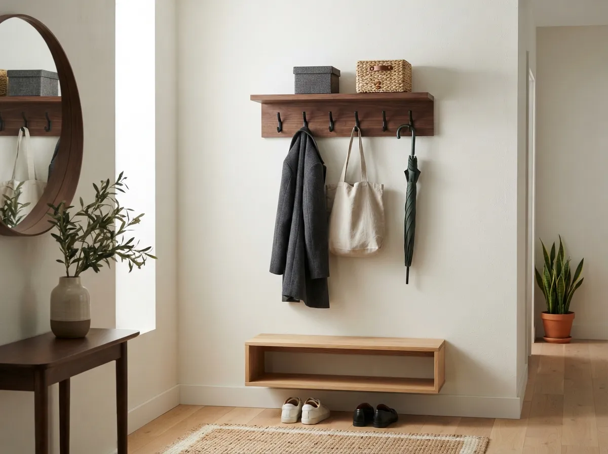 3. Wall-Mounted Coat Rack with Integrated Shelf