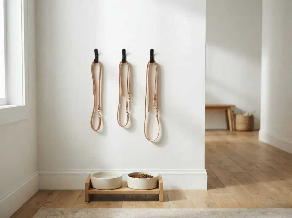1. Wall-mounted leash hooks near the front door
