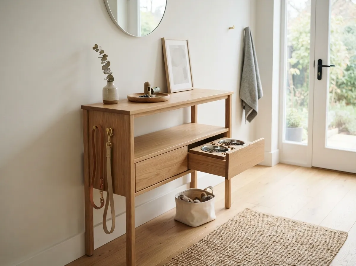 11. Slim console table with integrated pet feeding drawers