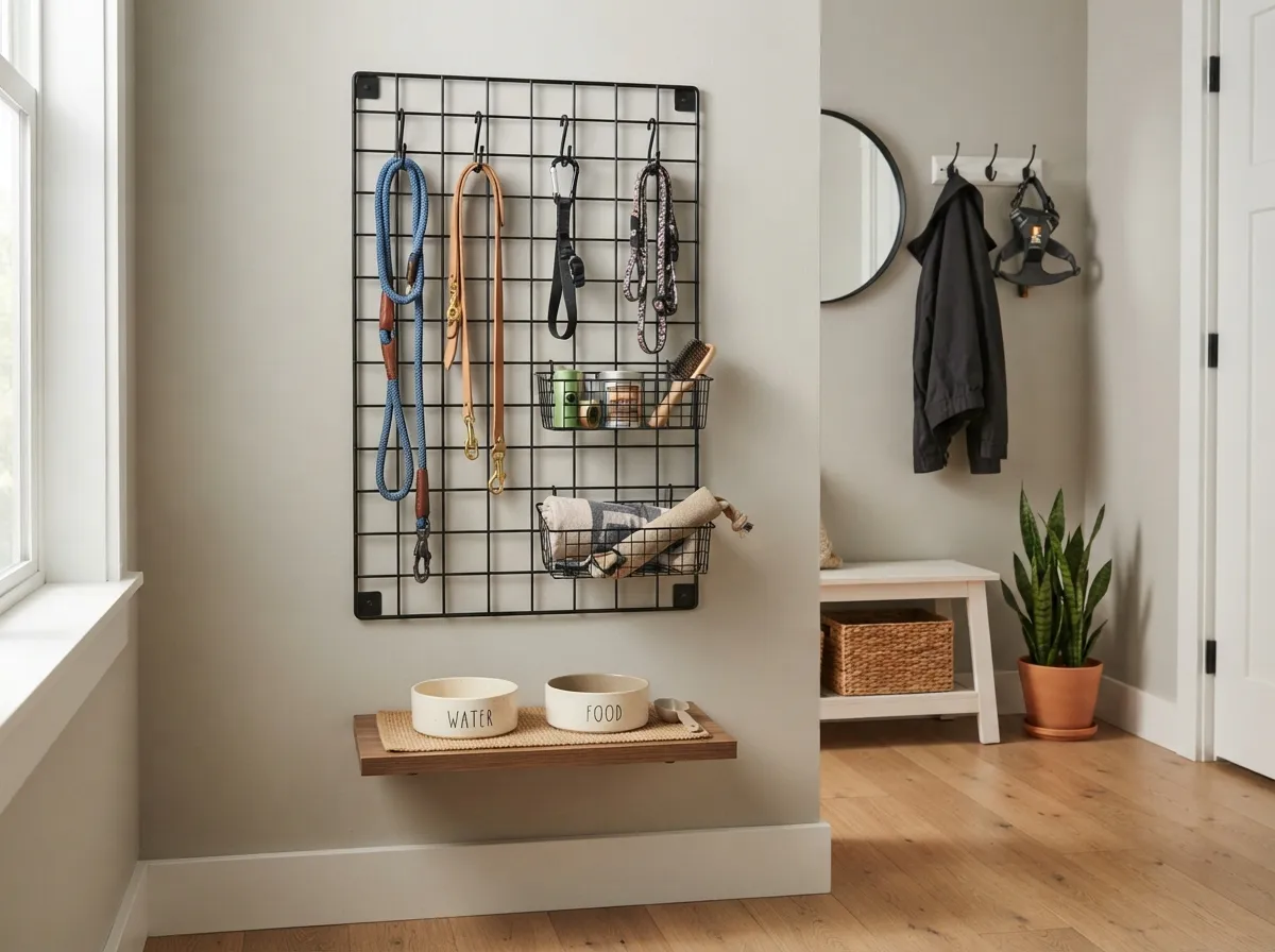 14. Metal wall grid for customizable pet accessory storage