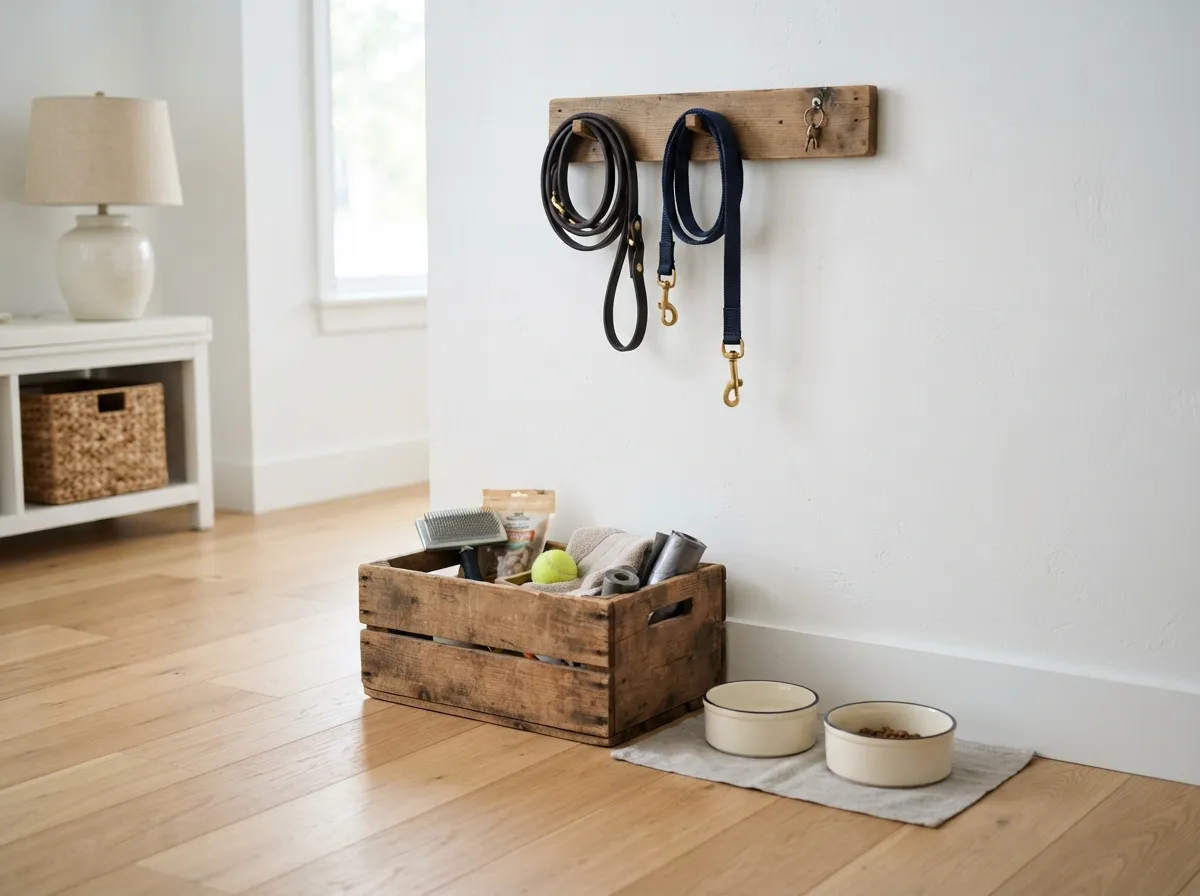16. Rustic wooden crate repurposed for pet supply storage