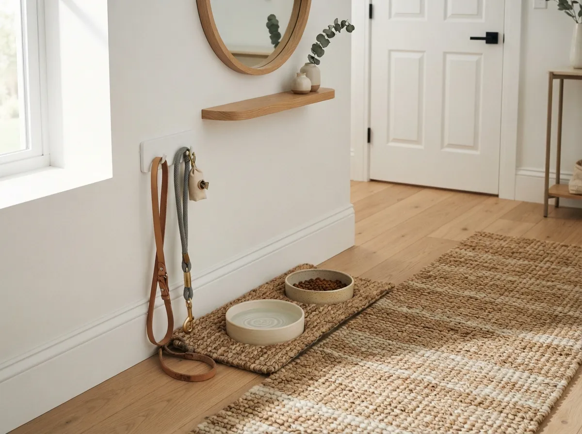 19. Dedicated entryway mat with integrated bowl placement