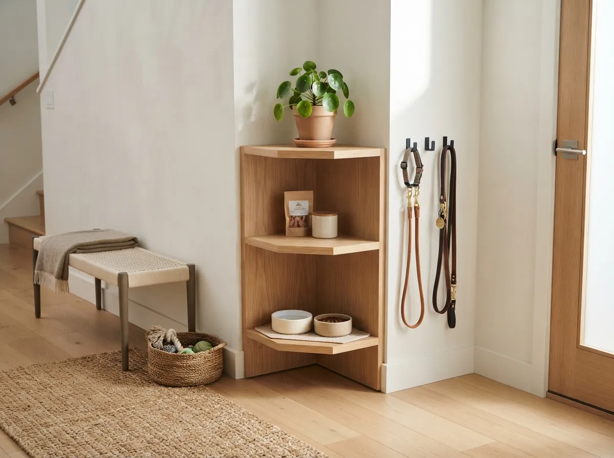 21. Corner shelving unit for compact pet stations