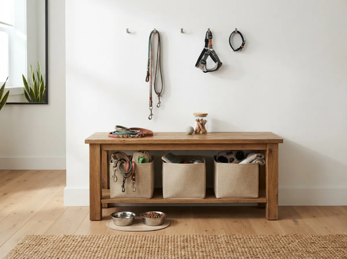 22. Fabric storage cubes tucked under a bench