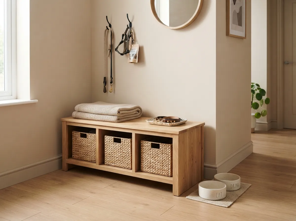 3. Minimalist wooden storage bench with under-seat cubbies