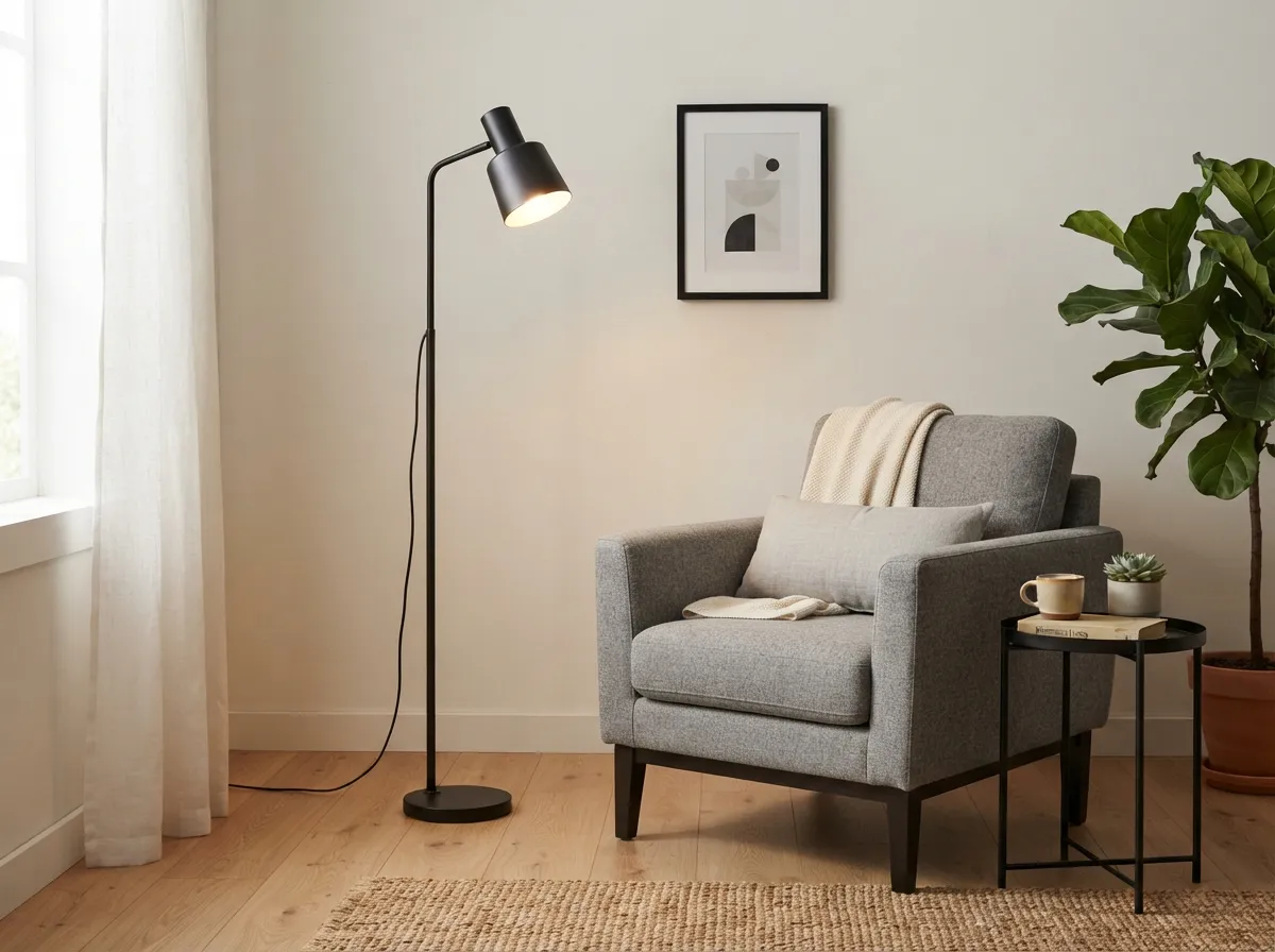 29. Use a Minimalist Metal Floor Lamp for Ambiance