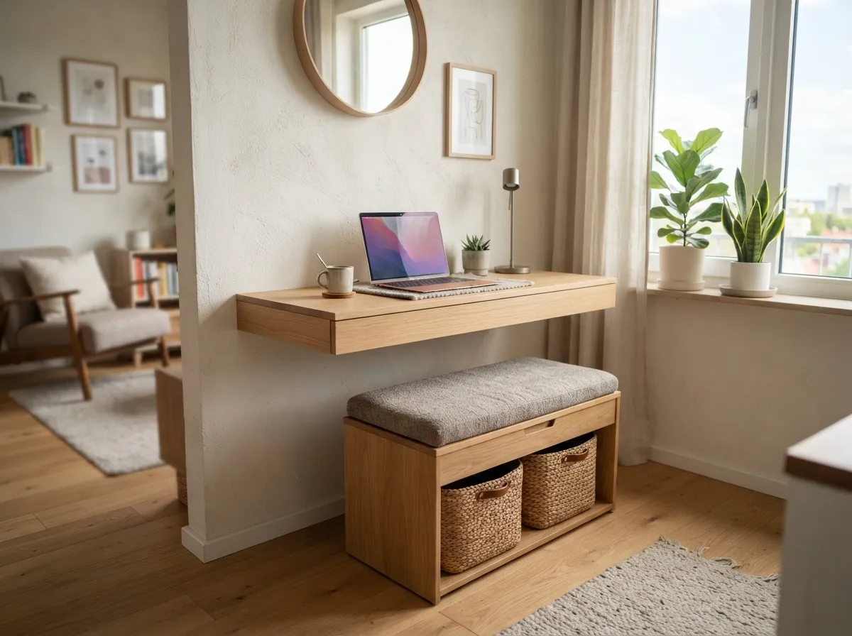 19. Hang Curtains Behind Your Desk to Soften the Background