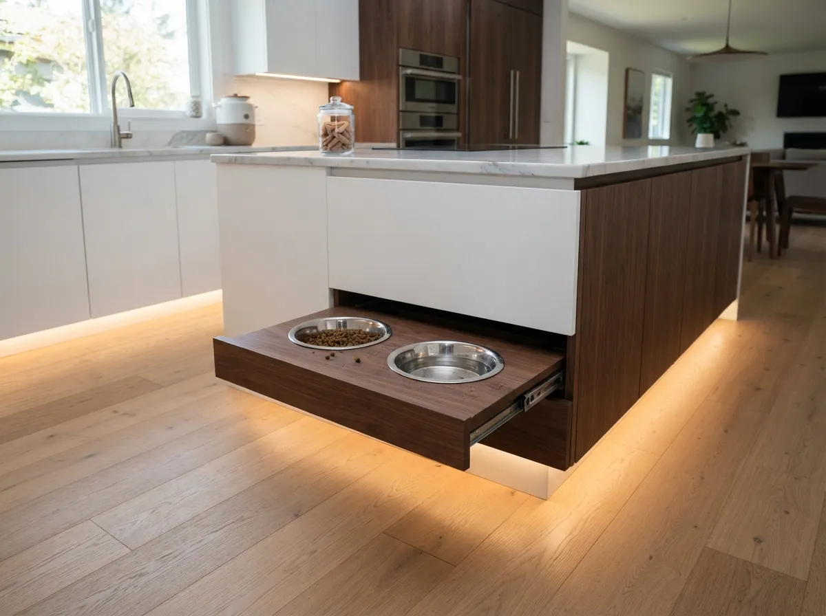 17. Slide-Out Pet Bowl Platform Under Cabinets