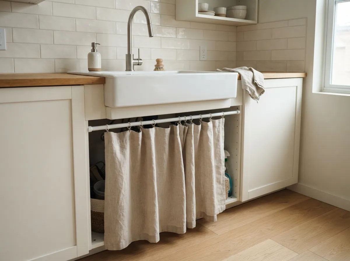 5. Tension rod curtains under the sink