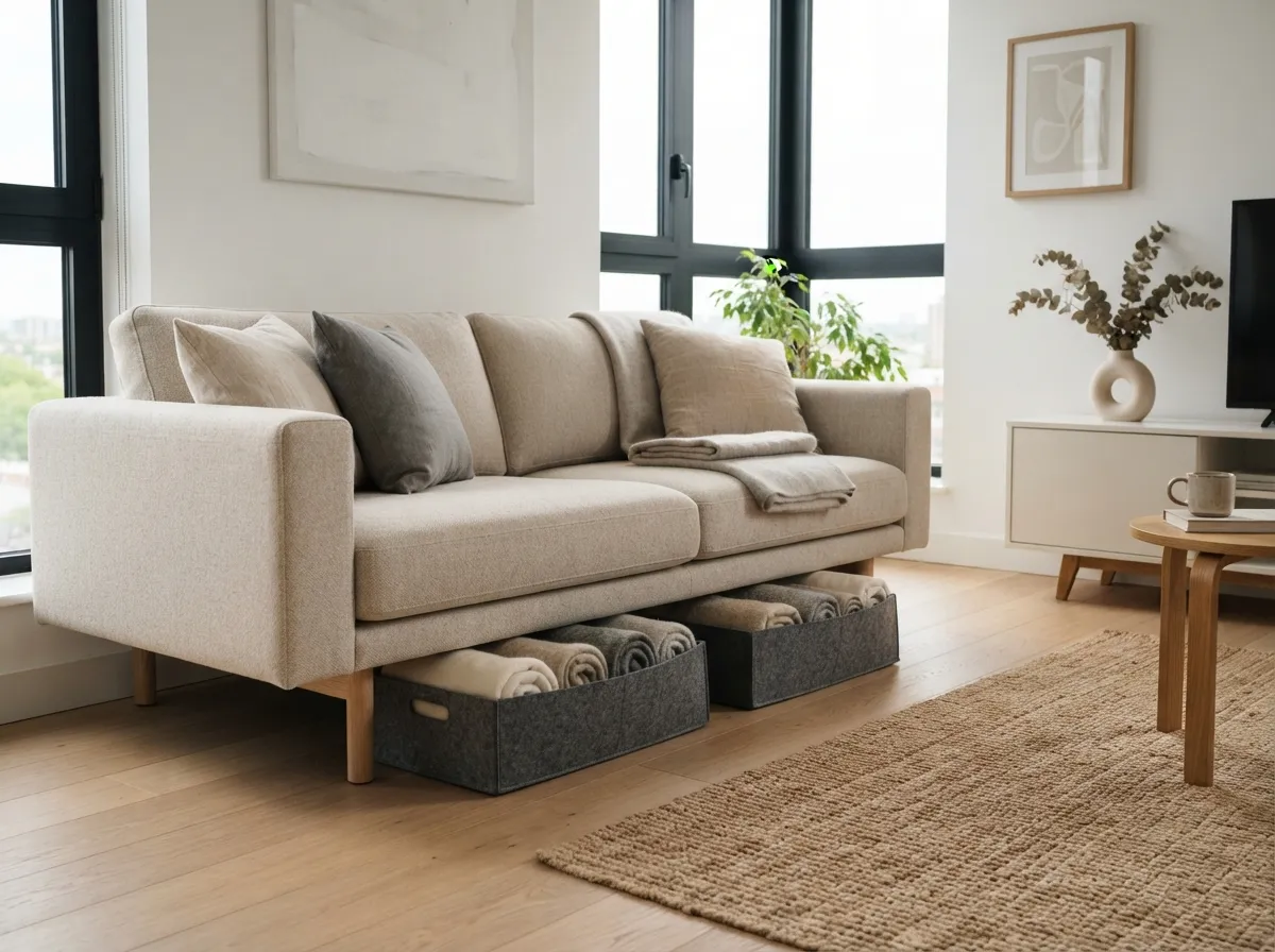 25. Use Under-Sofa Storage Bins for Extra Blankets