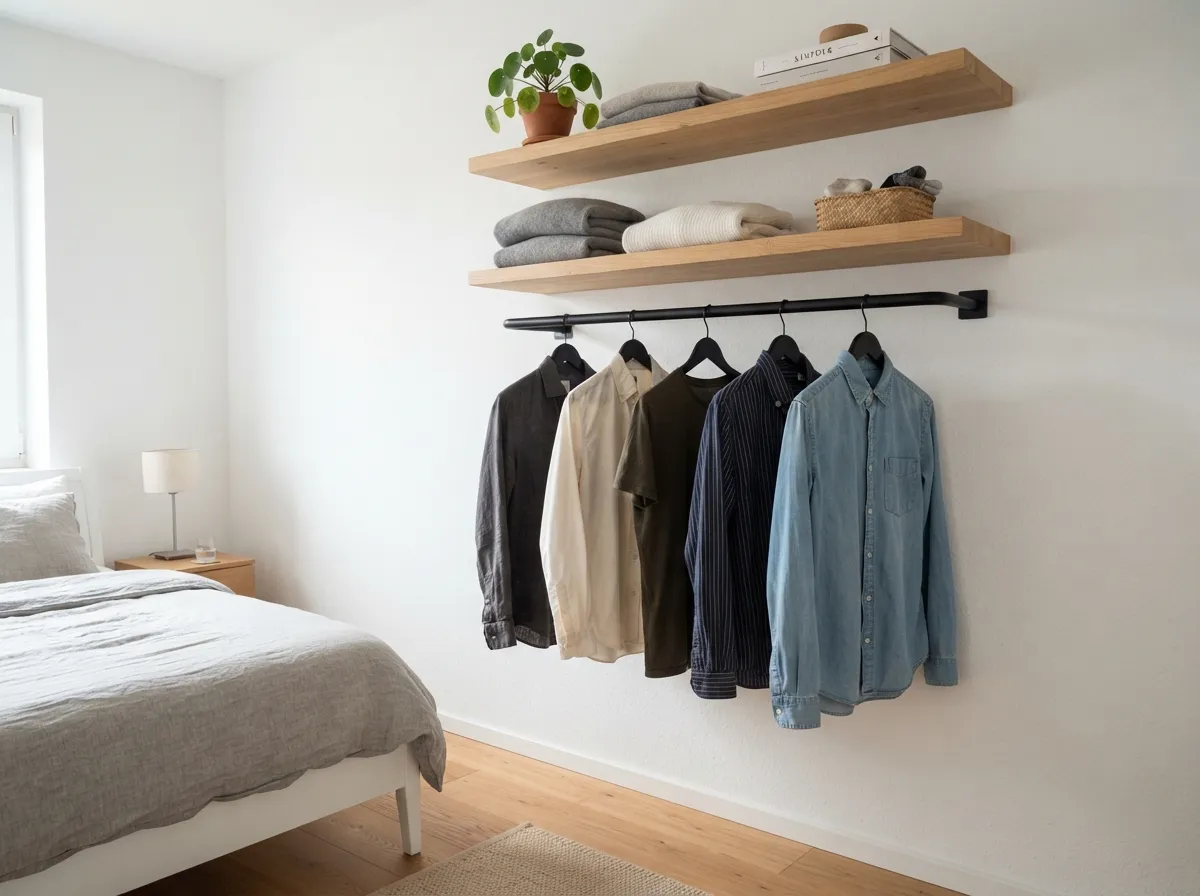 5. Wall-Mounted Hanging Rail with Floating Shelves
