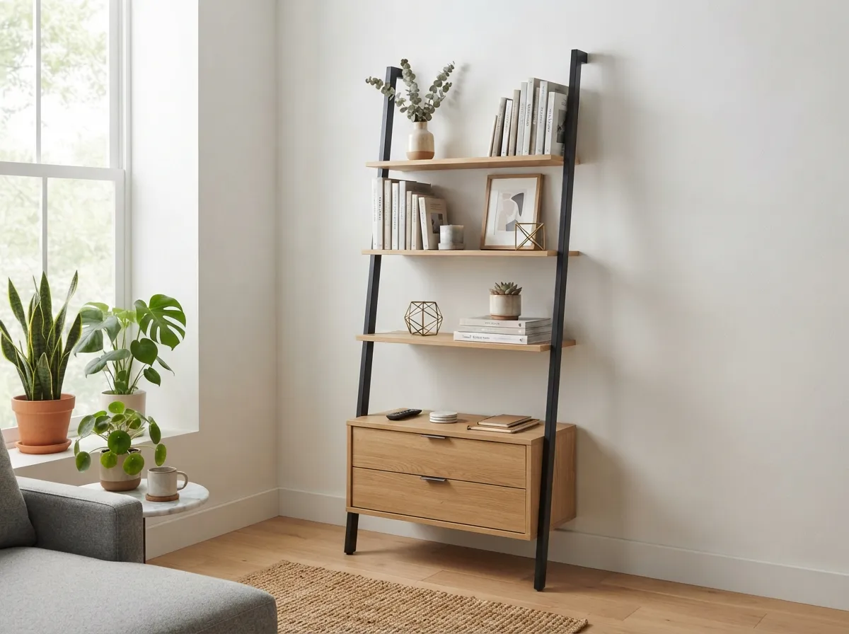 25. Ladder Shelves with Integrated Drawers