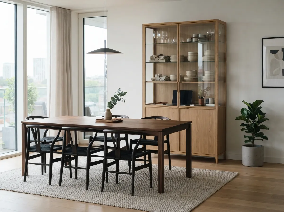 17. Keep tableware neatly stacked in a minimalist glass cabinet