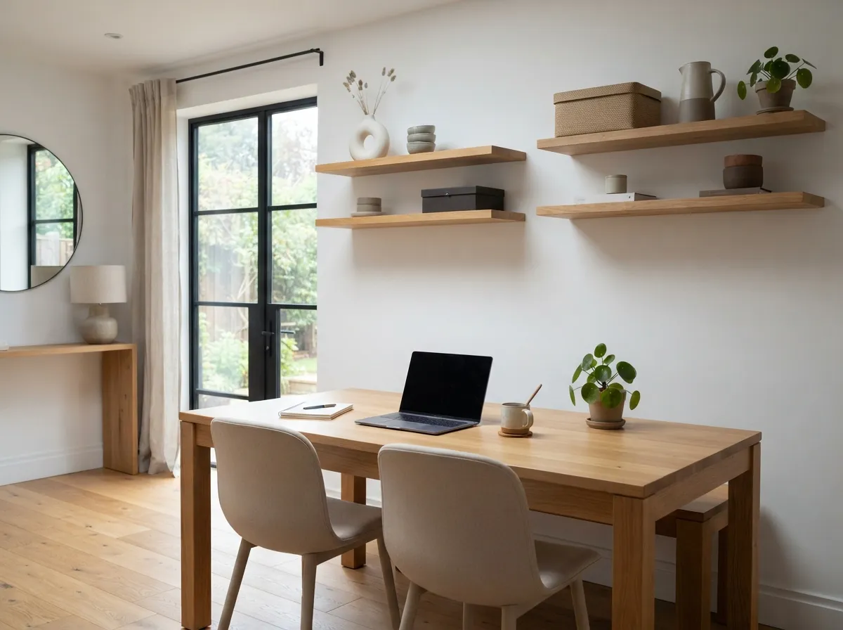 3. Install floating shelves for hidden office storage