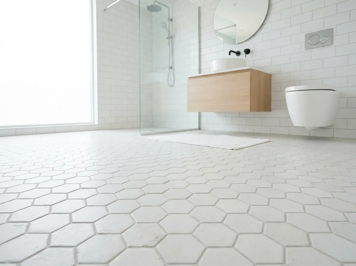 16. Simple white hex mosaic floor tiles