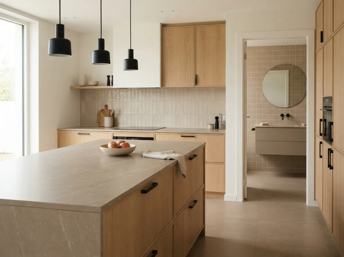 17. Warm taupe porcelain slab countertops