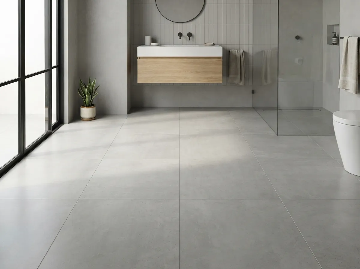 2. Large format concrete look porcelain