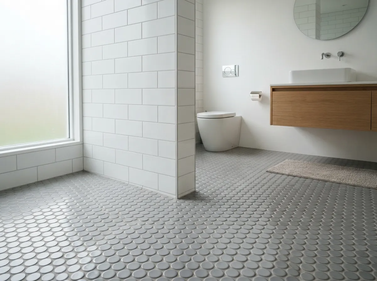 9. Minimalist penny round ceramic tiles