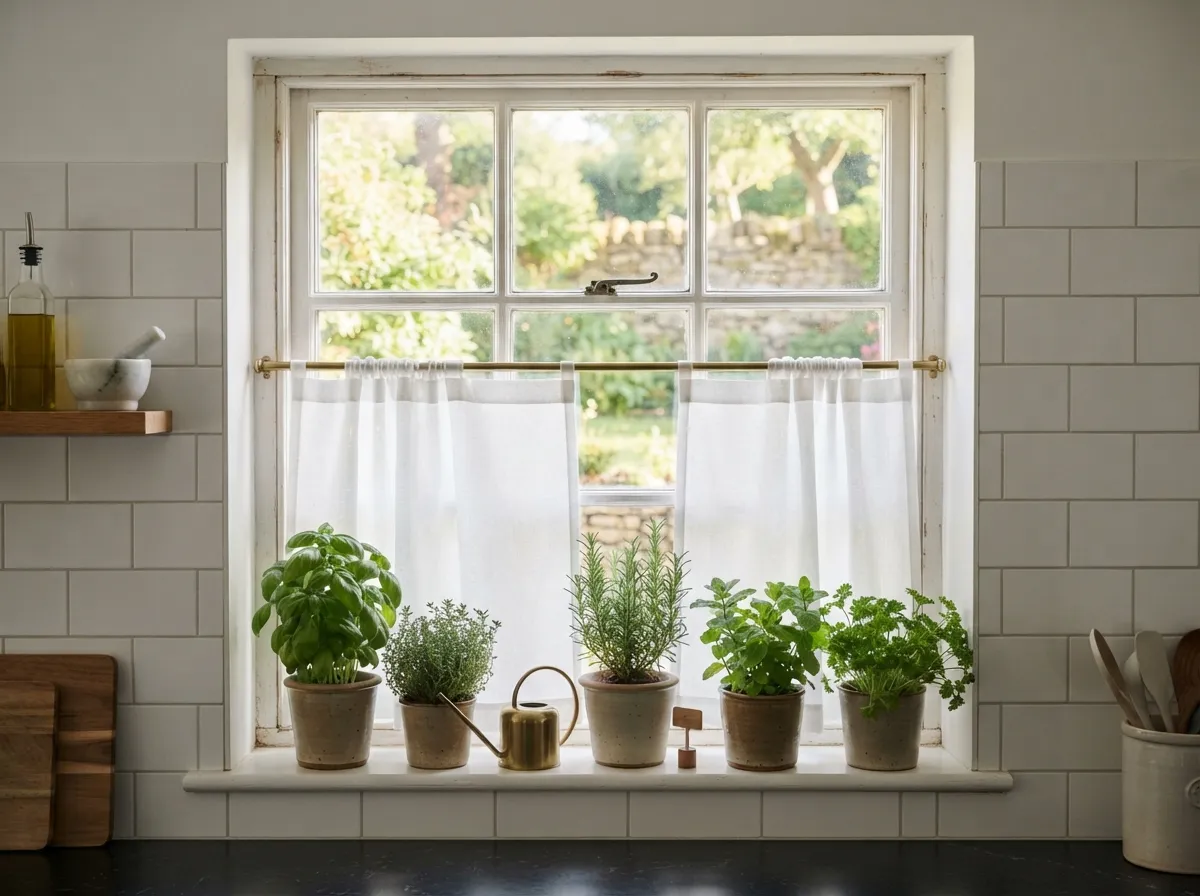 15. Minimalist café curtains for kitchen windows
