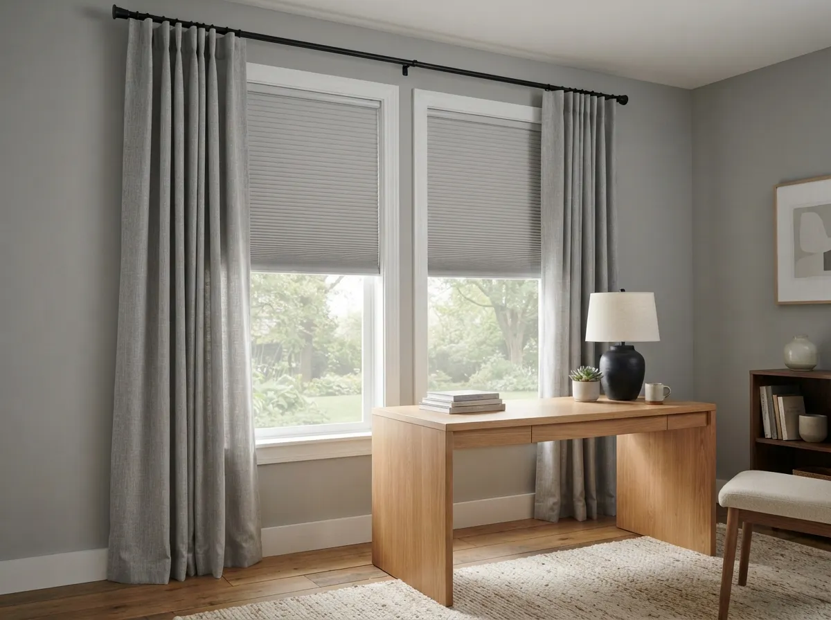 19. Soft gray textured polyester drapes